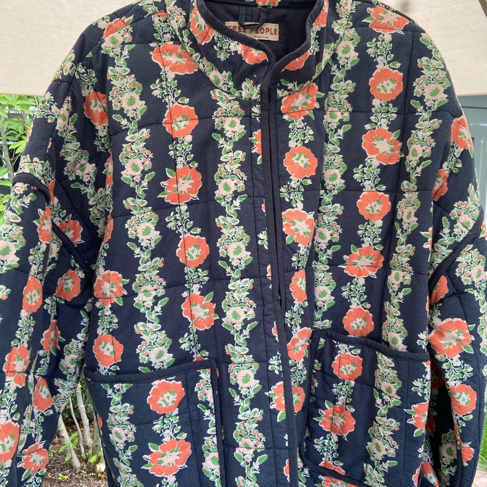 Free People Navy and Orange Floral Quilted Jacket